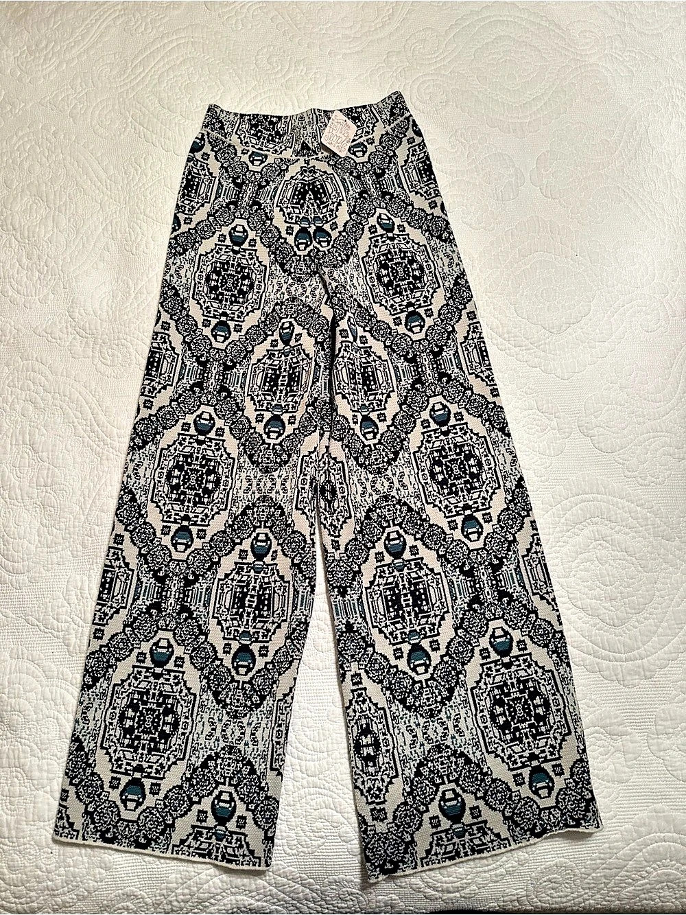 Free People Love Shack Fancy Pants Wide Leg Pants in Blue & White Size XS NWT